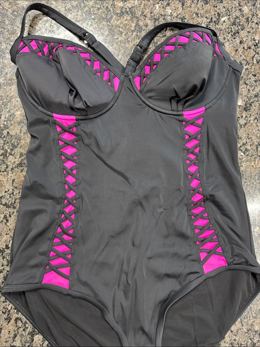 torrid Black One-Piece Swimsuit with Pink Lattice Accents EUC 2X